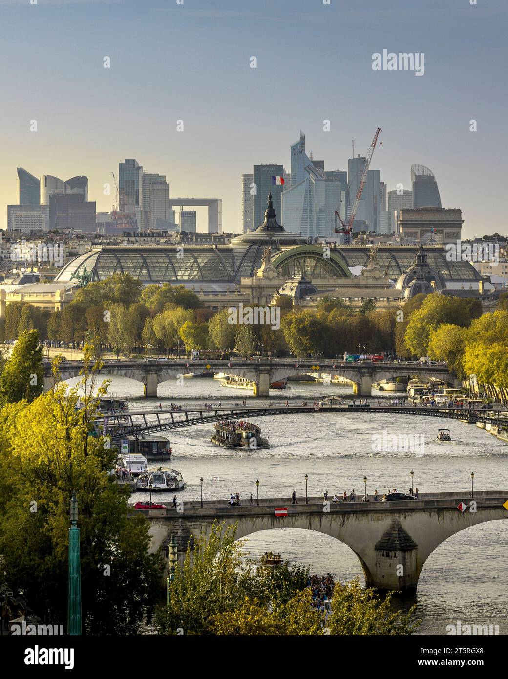 Paris, France - October 11, 2023: Aerial view of Paris. The banks of the Seine with its bridges, the Grand Palais and the La Defense district Stock Photo