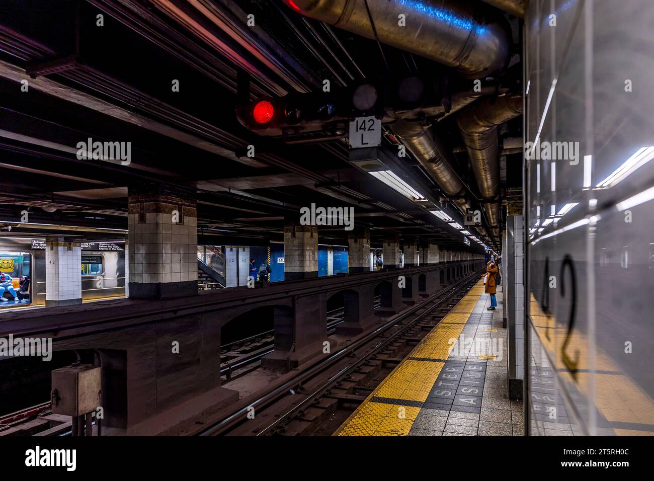 New York, USA - April 29, 2022: MTA subway platform in New York. The MTA is a public benefit corporation responsible for public transportation in the Stock Photo