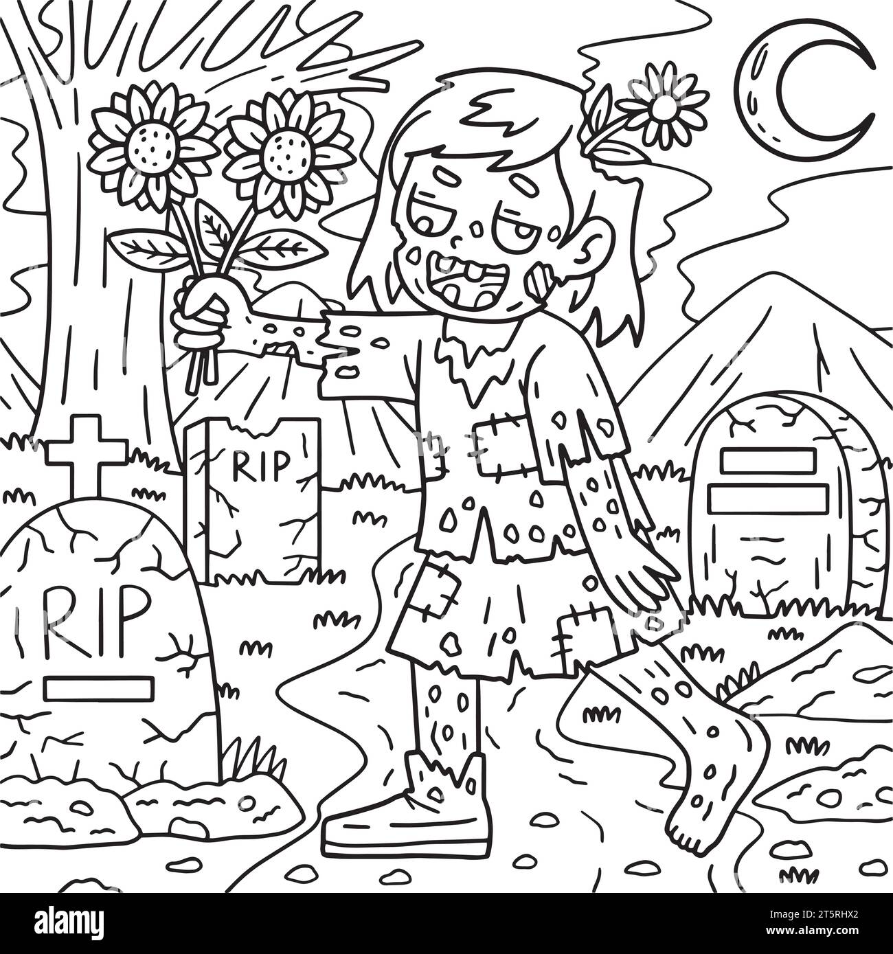 Zombie Girl Holding Sunflowers Coloring Pages Stock Vector Image & Art
