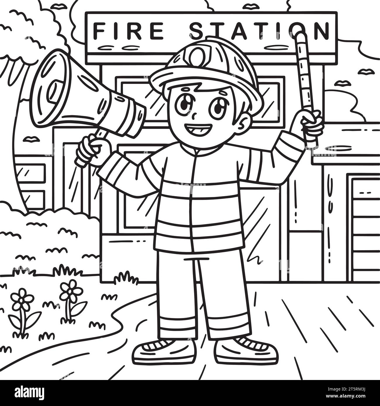 Firefighter with Megaphone Coloring Page for Kids Stock Vector Image ...