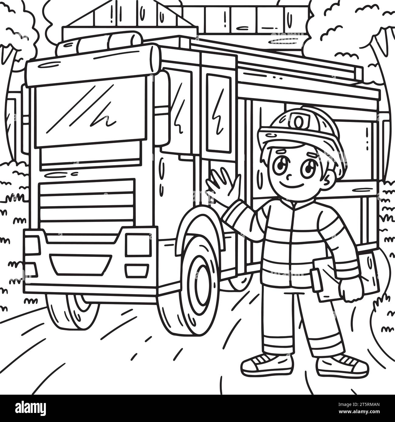 Firefighter and Fire Truck Coloring Page for Kids Stock Vector Image ...