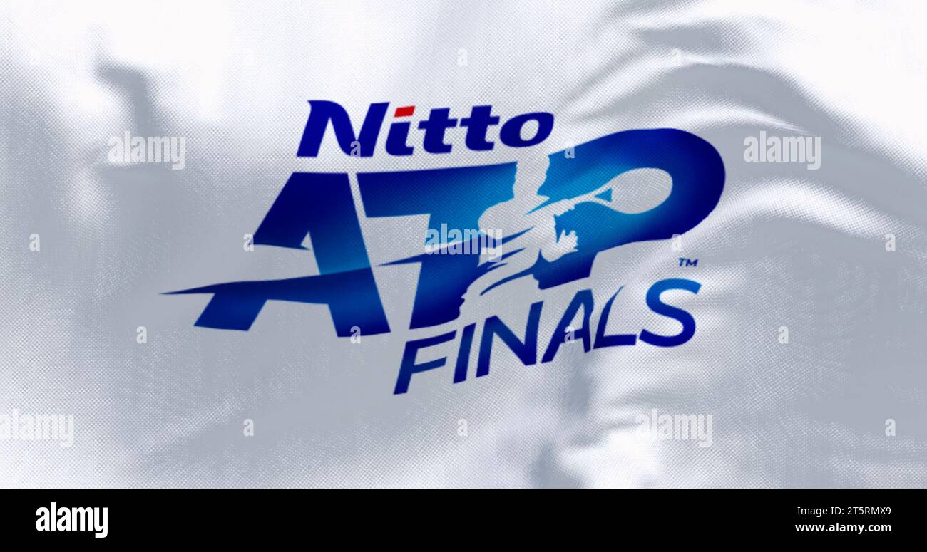 Turin, IT, Nov. 5 2023: Close-up of Nitto ATP Finals flag waving in the wind. season-ending championship of the ATP Tour. Illustrative editorial 3d il Stock Photo
