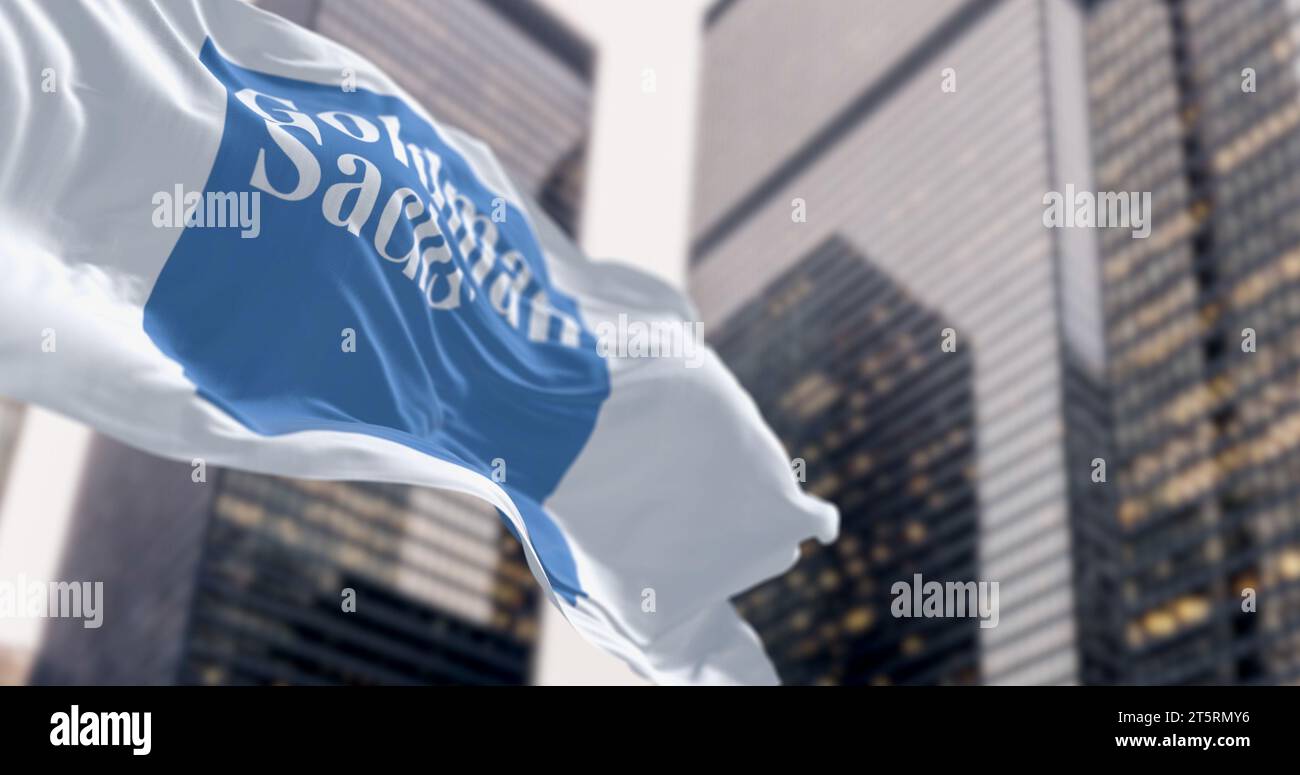New York, US, Nov. 1 2023 Goldman Sachs bank flag waving in a financial district. Illustrative