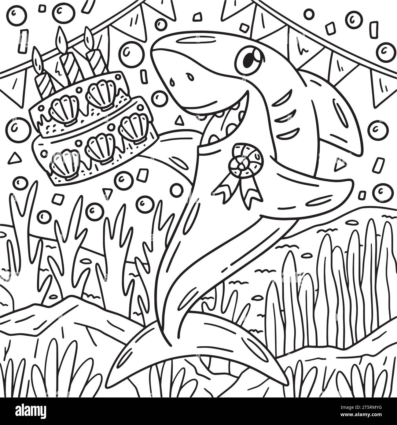 Shark with Birthday Cake Coloring Page for Kids Stock Vector Image