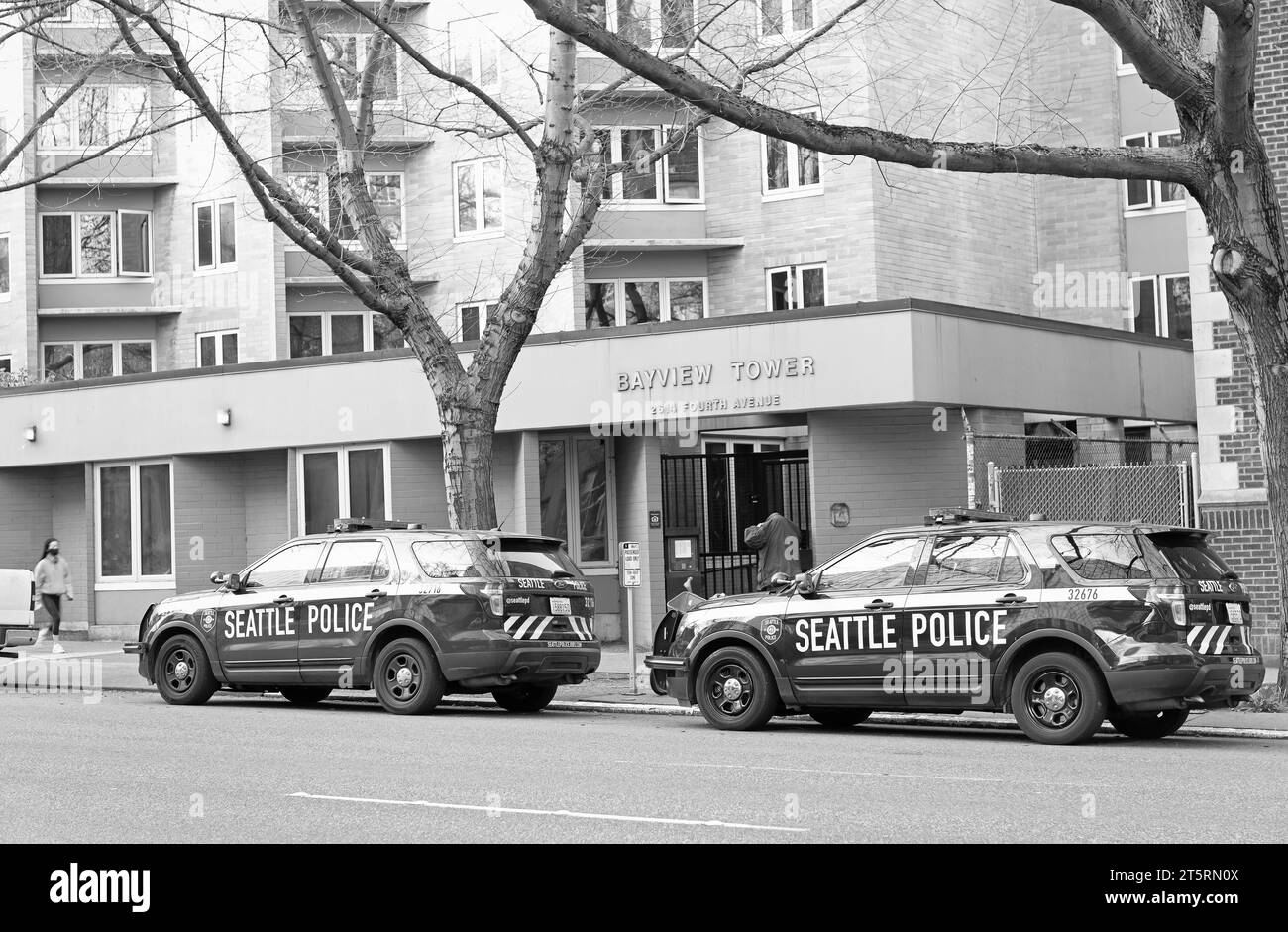 Seattle, Washington D.C. USA - April 03, 2021: seattle police cars parked at bayview tower building. Stock Photo