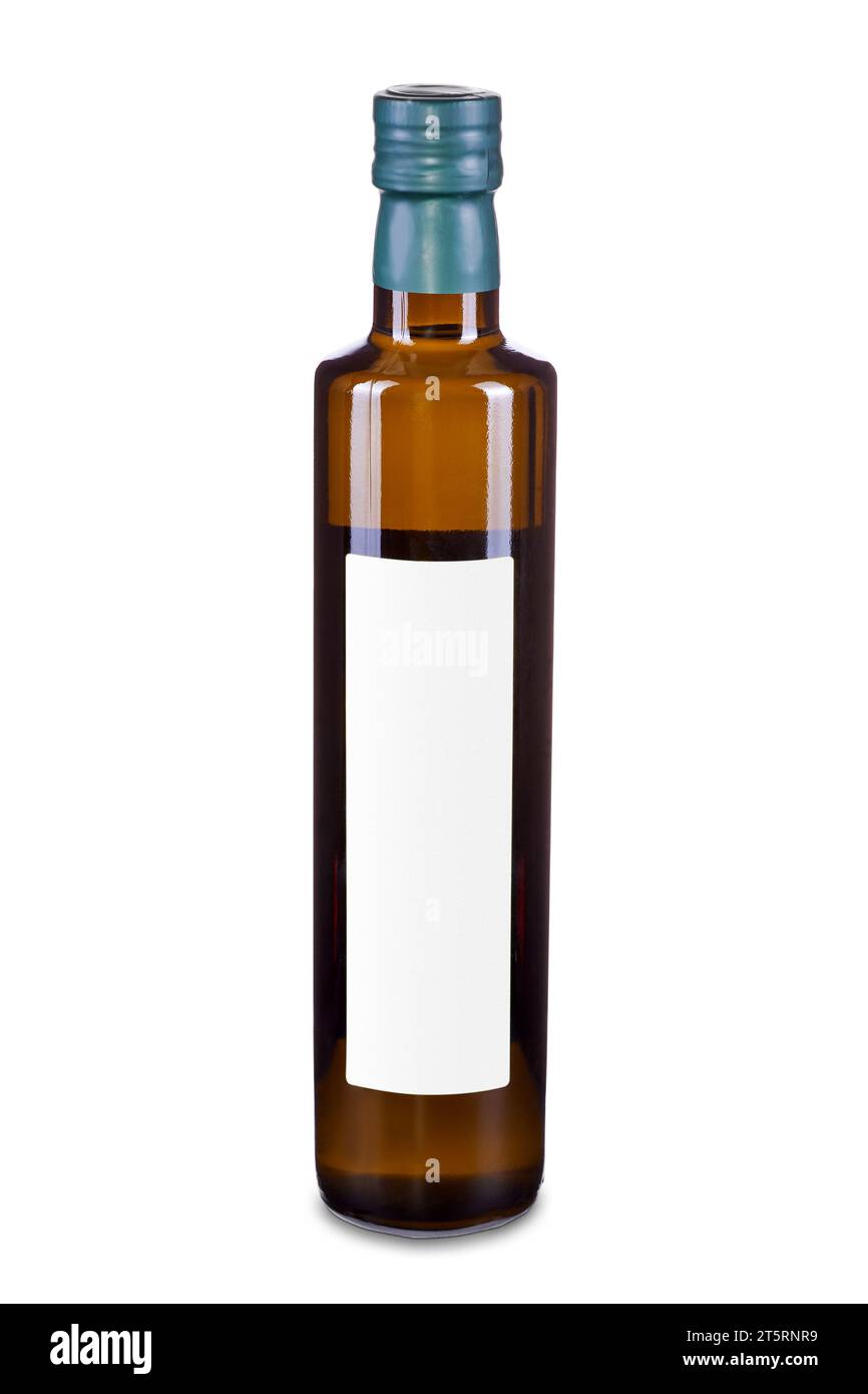 Brown glass olive oil or vinegar bottle with white label isolated on ...