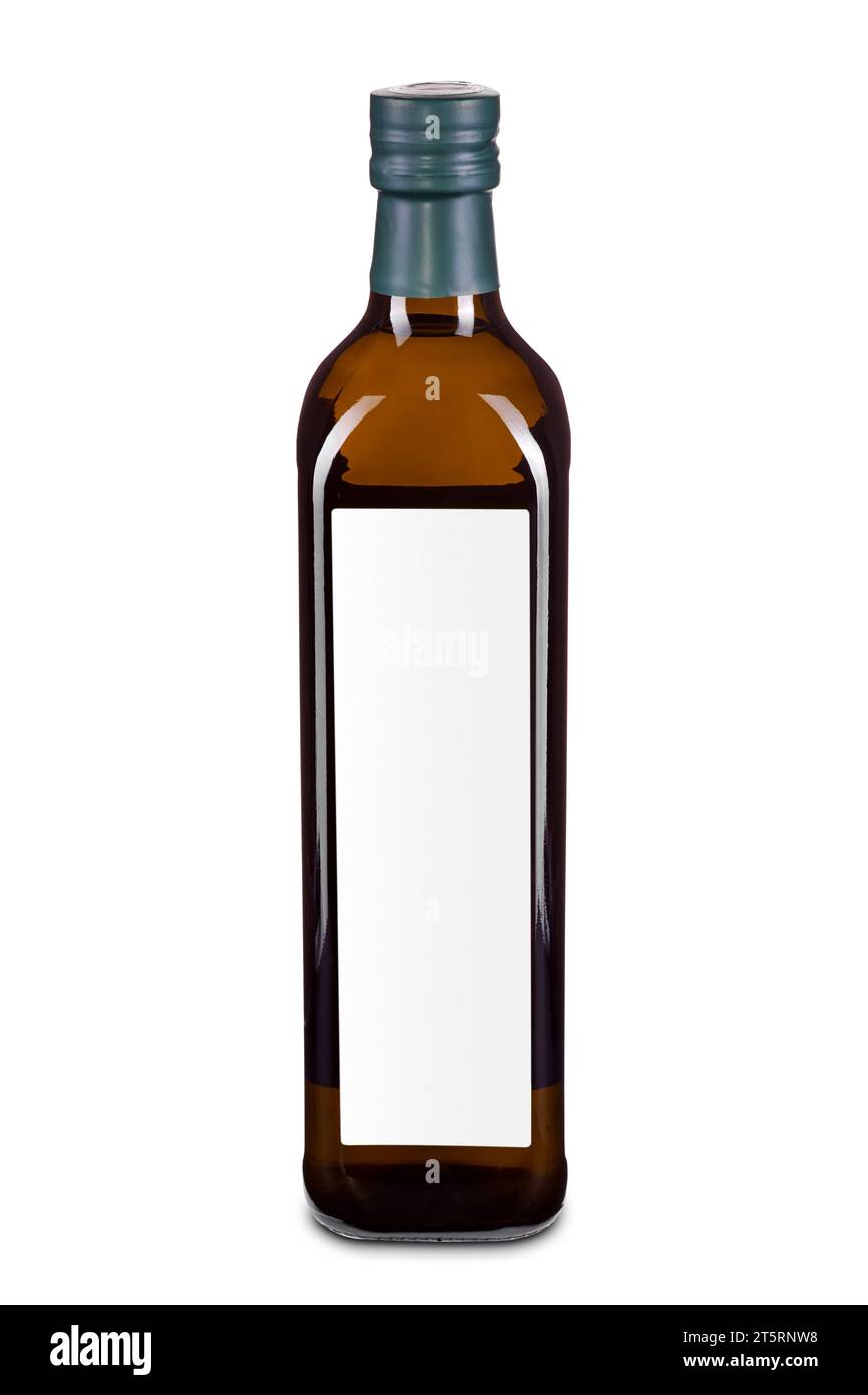 One dark glass bottle of olive oil isolated on white background. Blank ...