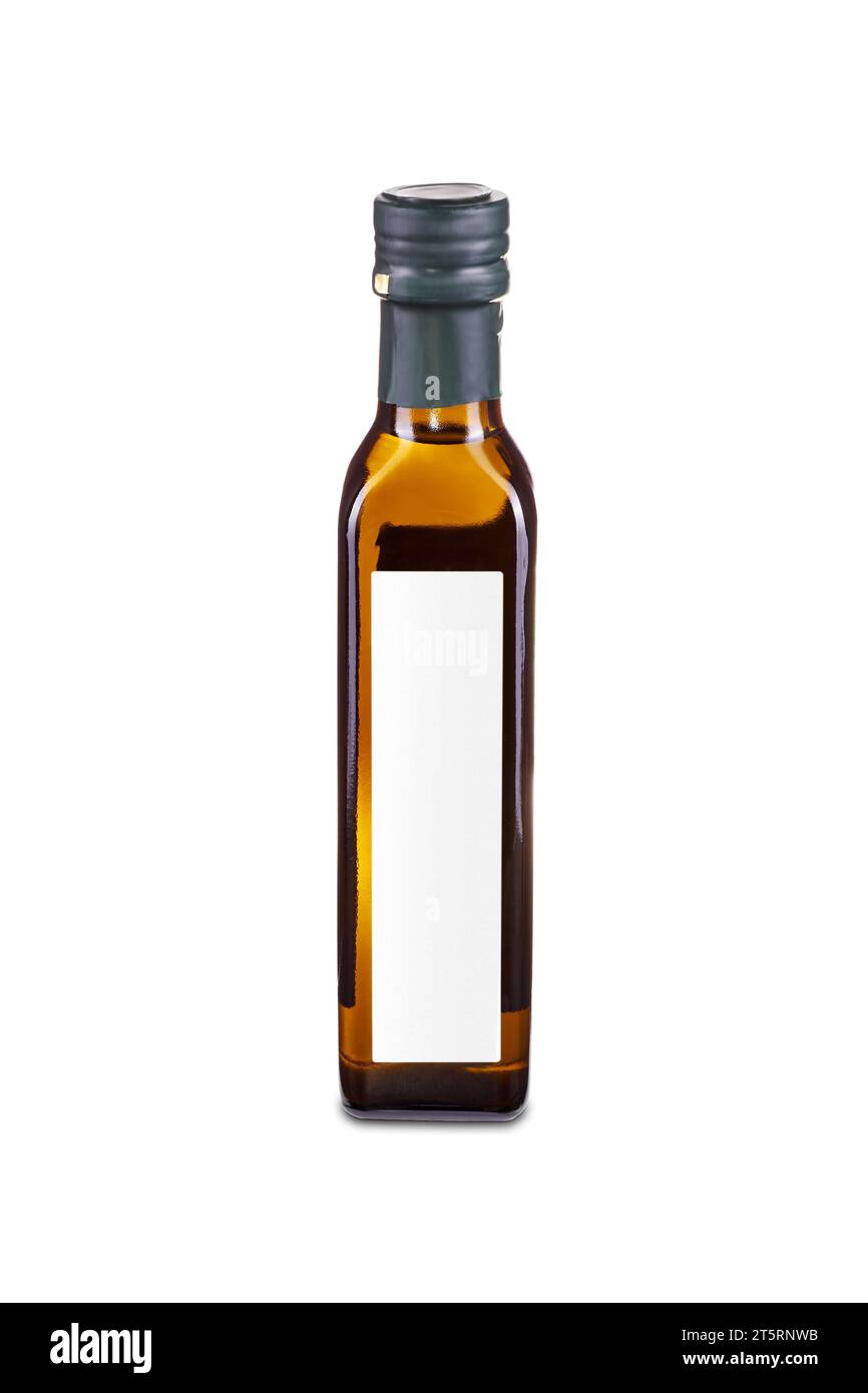 Small glass bottle of olive oil with blank white label isolated on ...