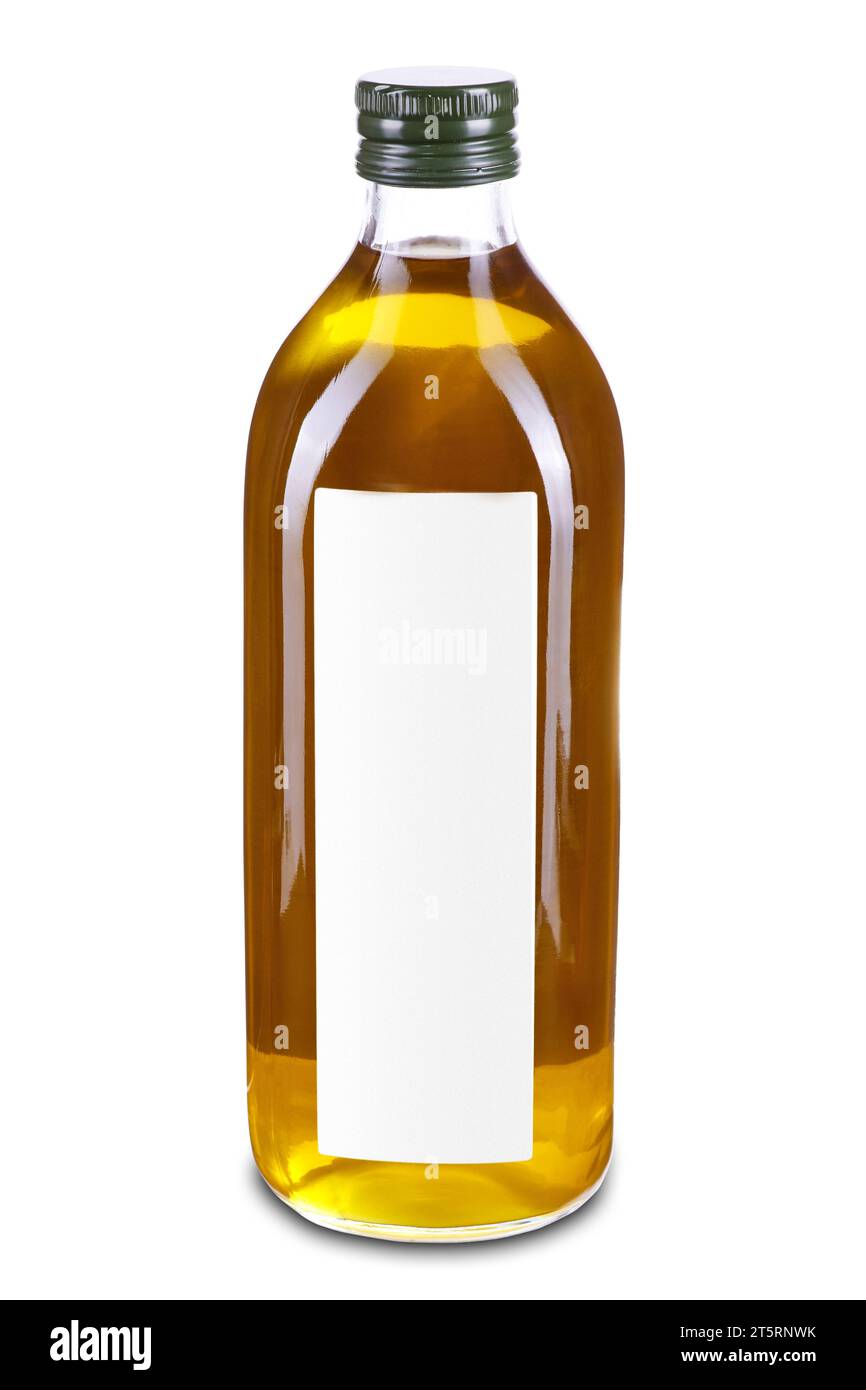 Large transparent glass bottle with a screw cap and blank white label filled with oil. Product photo isolated on a white background. Extra virgin oliv Stock Photo