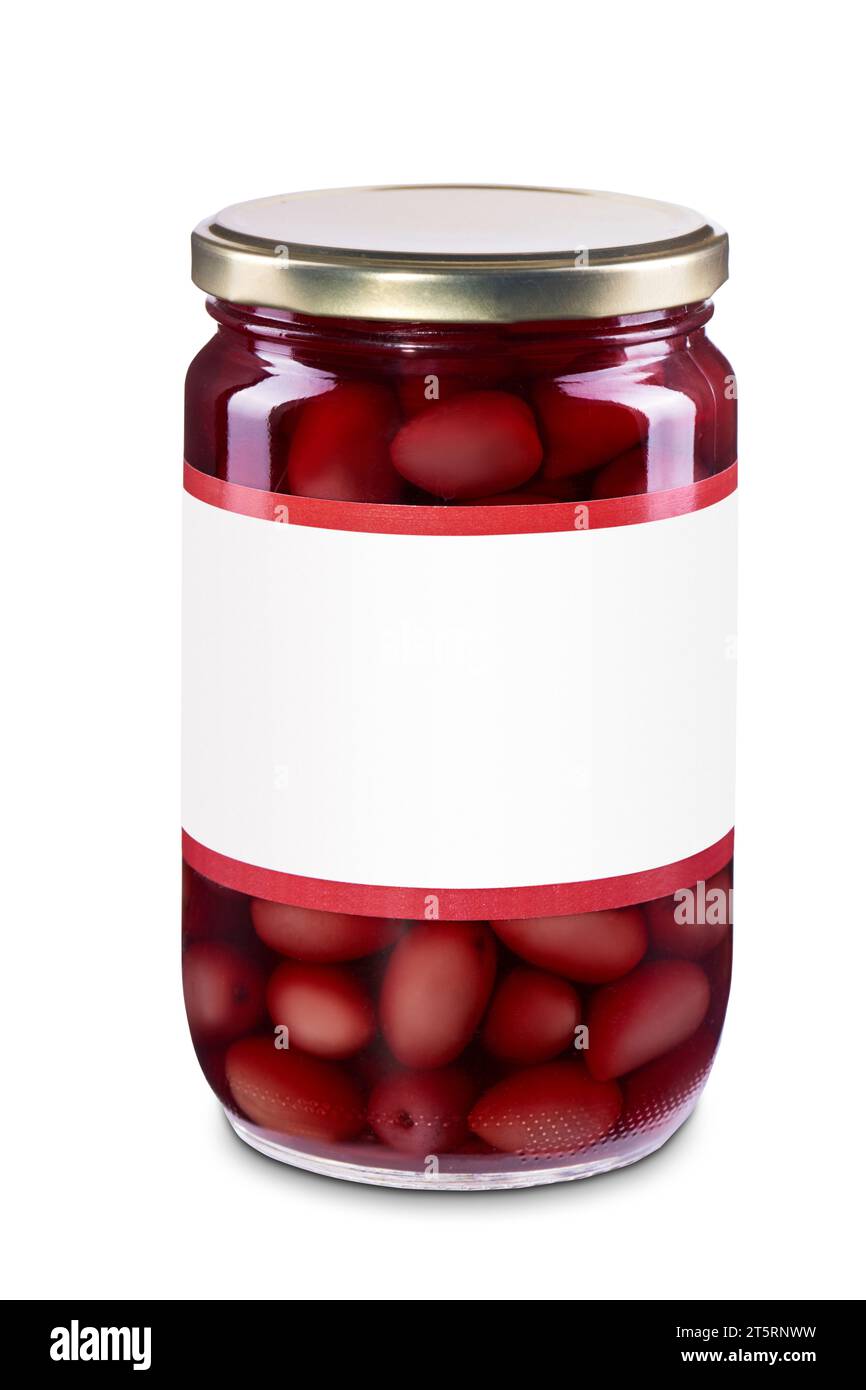 Glass jar of pickled olives with metal lid and white label isolated on white background. Mock-up for product design. Stock Photo