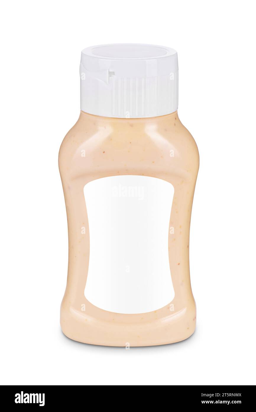 Bottle of sauce with white flip-top cap and blank label isolated on ...