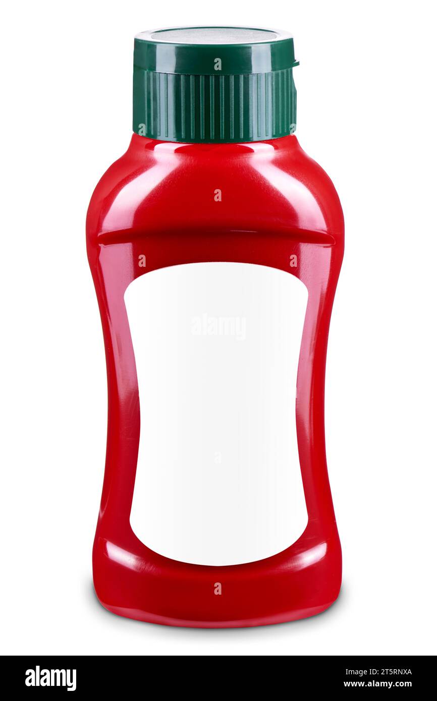 Red sauce bottle with green flip-top cap and blank white label isolated ...