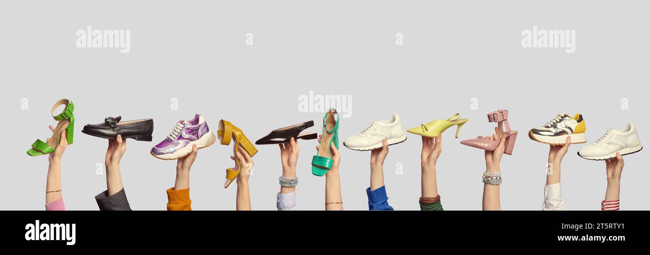 A collage of trendy summer footwear, held by people's hands on an isolated light grey background with copy space. Outlet marketing banner. Shoe sale a Stock Photo