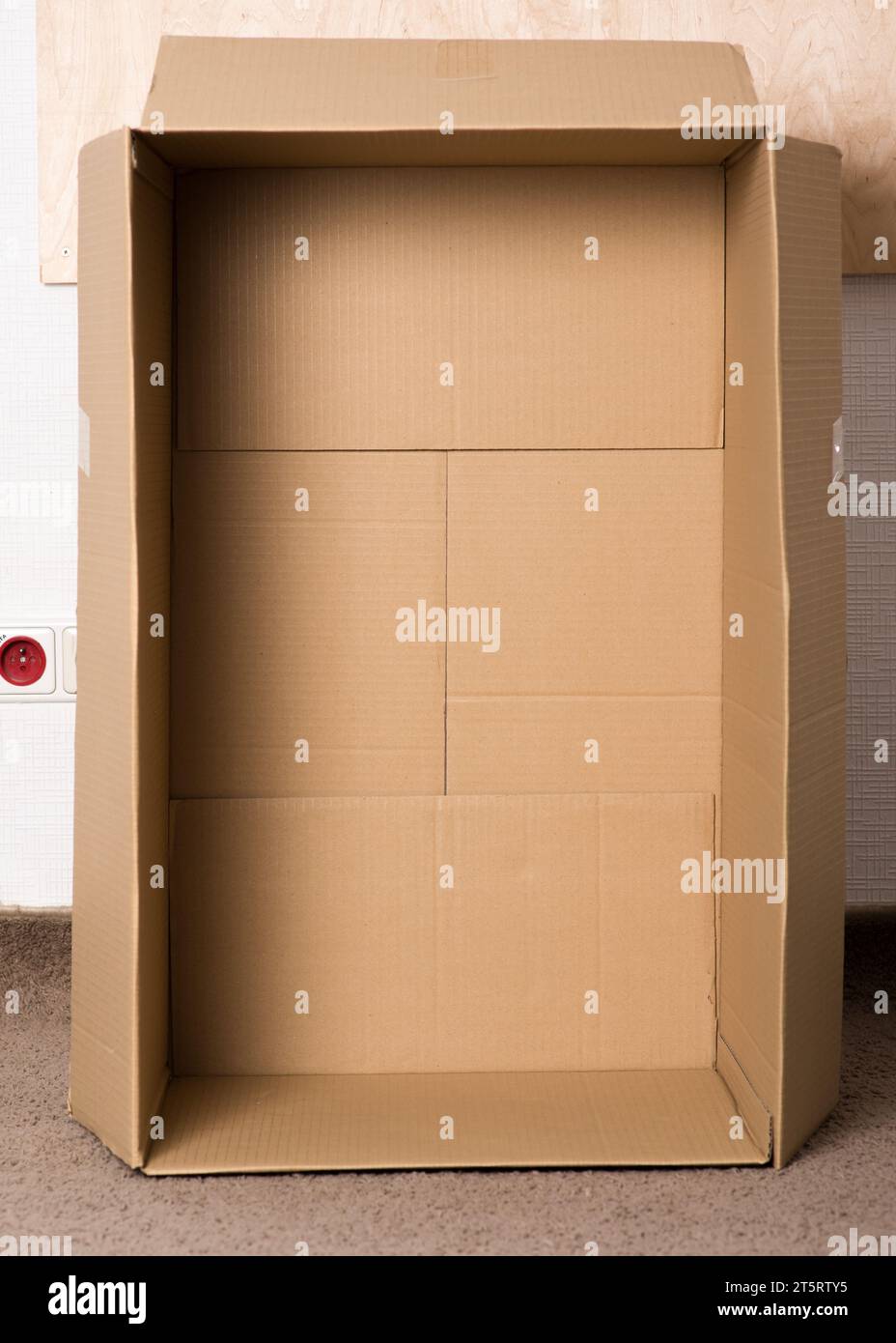 Inside view of empty open rectangular cardboard box. Box for storing