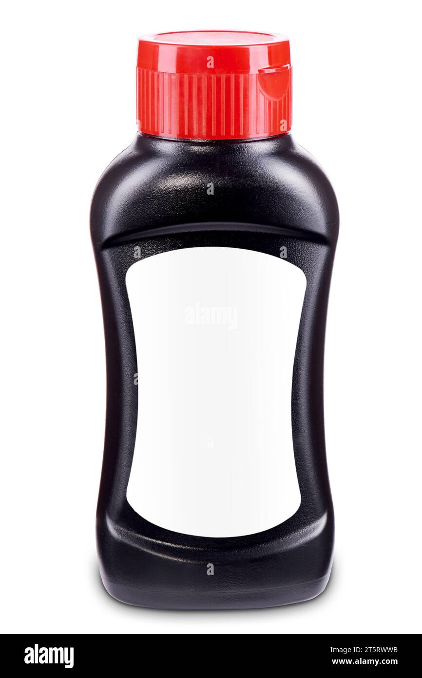 Black sauce bottle with red flip-top cap and blank white label isolated ...