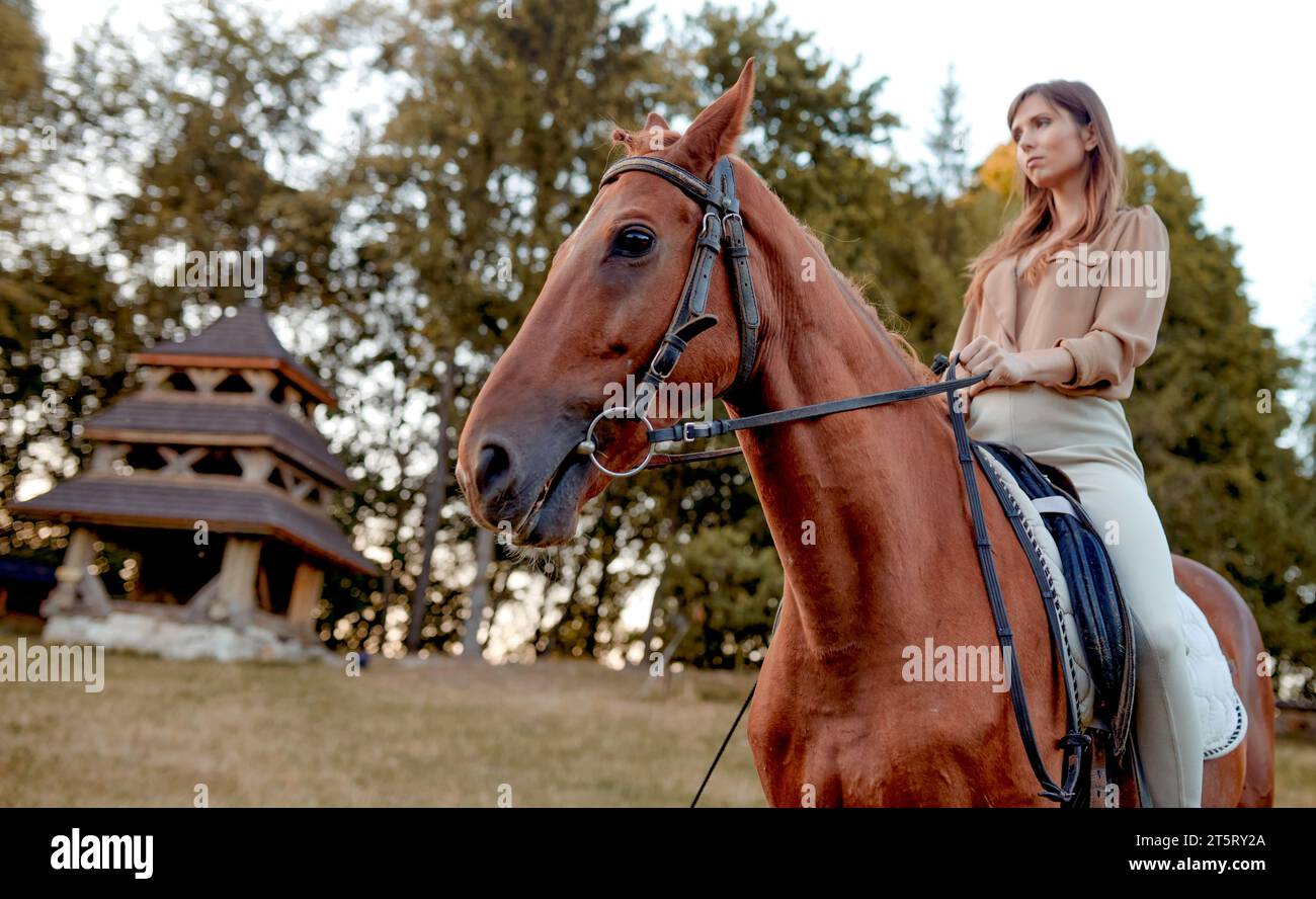 A young jockeygirl leads a saddled brown horse by the reins. Horse