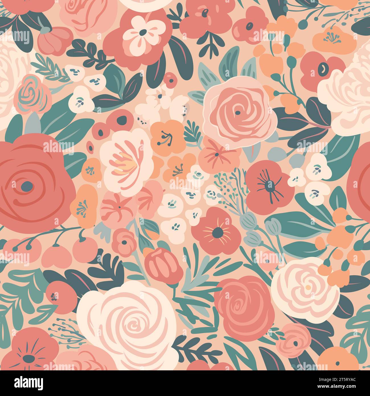 Seamless romantic pattern with summer blooming flowers peonies and roses on a beige background. Vector format. Stock Vector