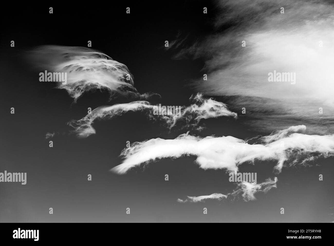 Black & white view of unusual cloud formations against clear cobalt blue sky; central Colorado, USA Stock Photo