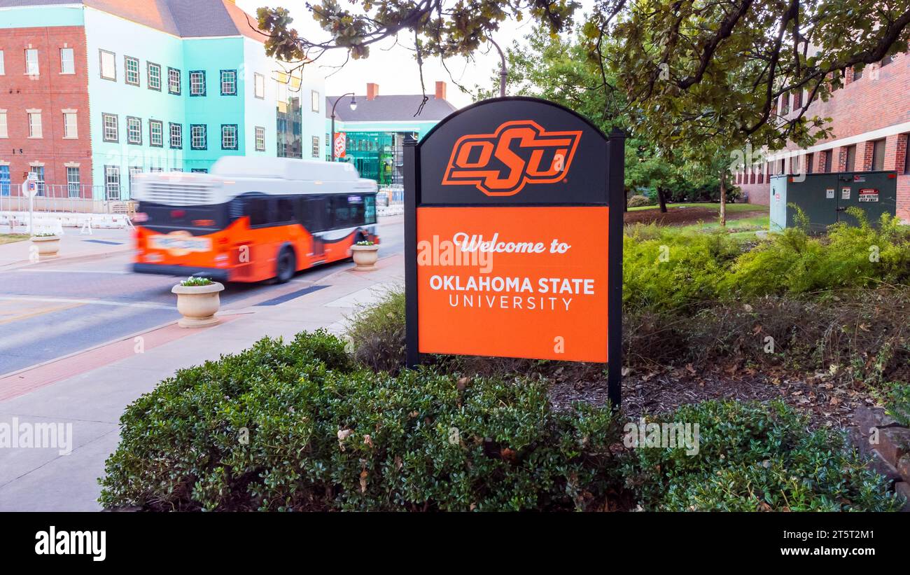 Stillwater, OK - November 3, 2023: Oklahoma State University welcome sign in Stillwater, OK Stock Photo