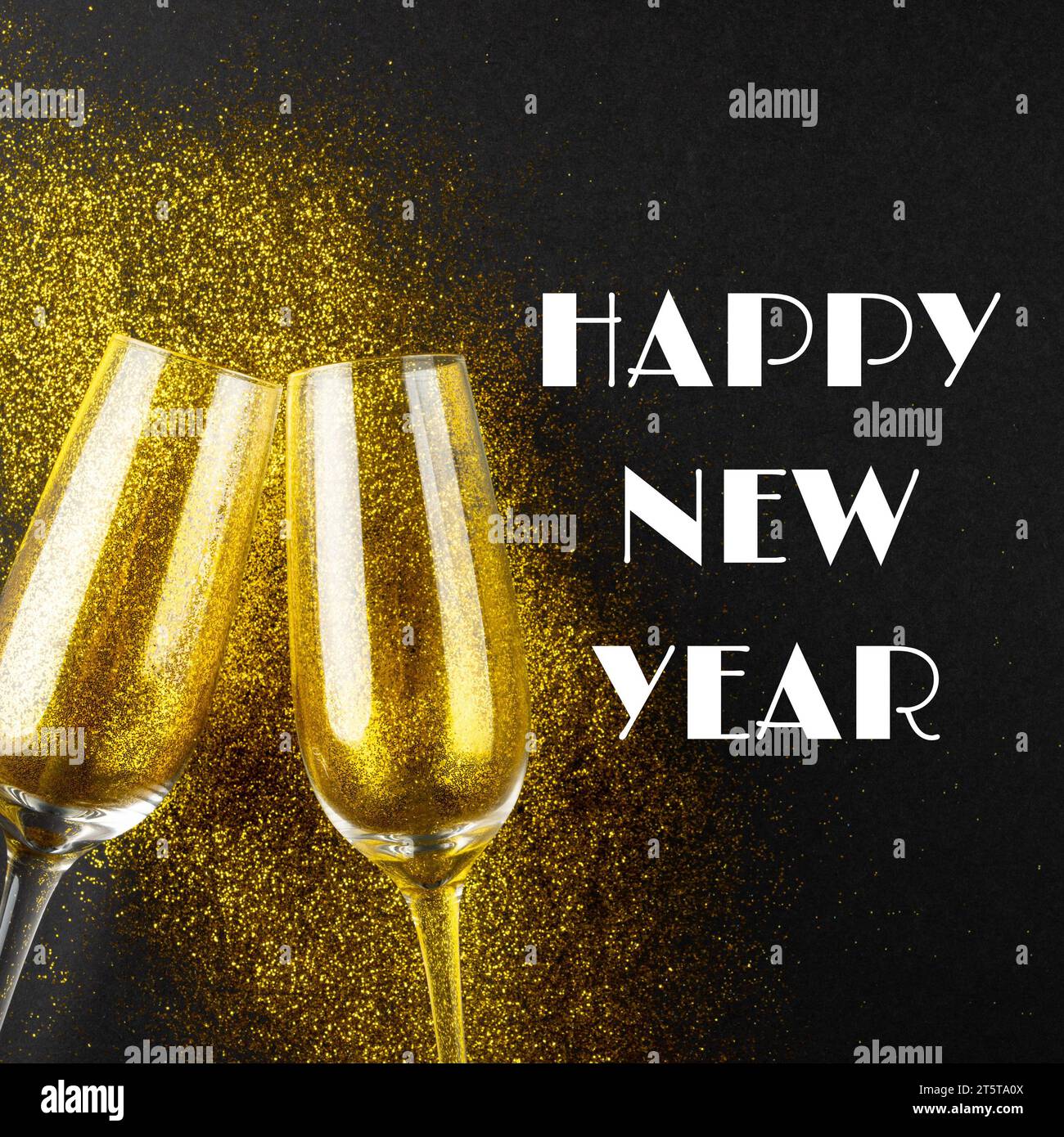 Composite of happy new year text and champagne glasses with golden ...