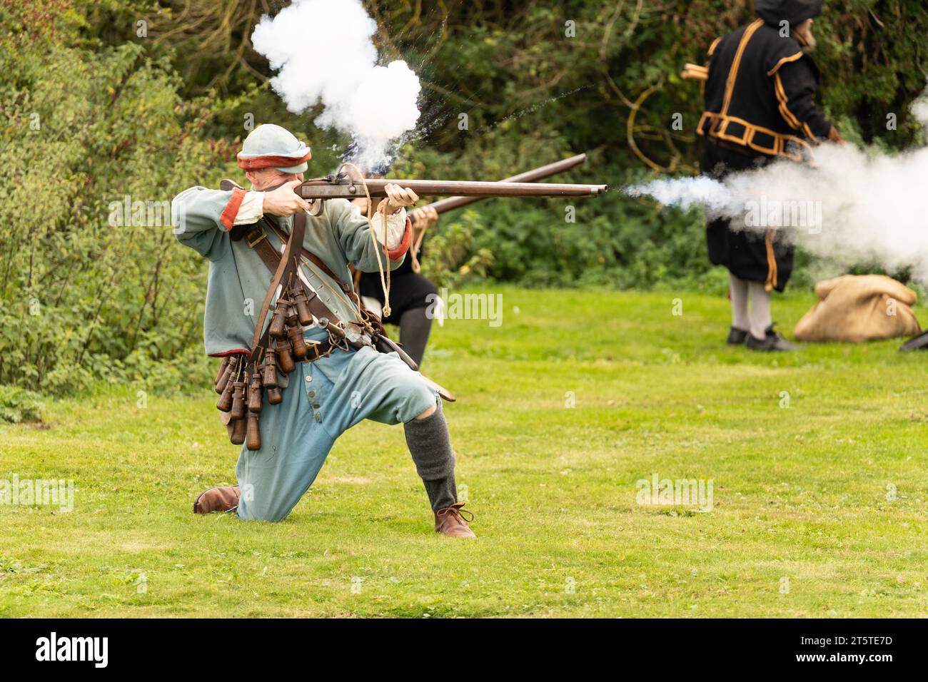 A musketeer firing a flintlock musket the Siege of Basing House, from