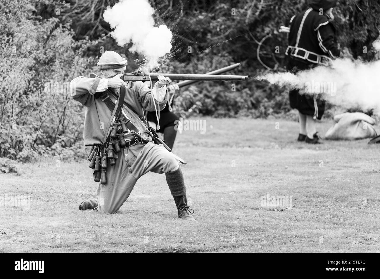 A musketeer firing a flintlock musket - the Siege of Basing House, from the English civil war, English Civil War Society 16.09.23, Basingstoke Stock Photo