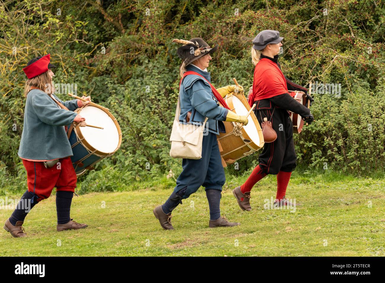 Drummers signalled actions to the soldiers over the noise of battle. Reenactment of the Siege of Basing House, English civil war, 16.09.23 Basingstoke Stock Photo