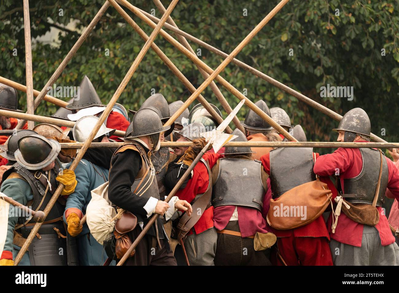 Push of pike where two opposing columns of pikemen meet and become locked in position. English civil war reenactment, Siege of Basing House 16.09.23 Stock Photo