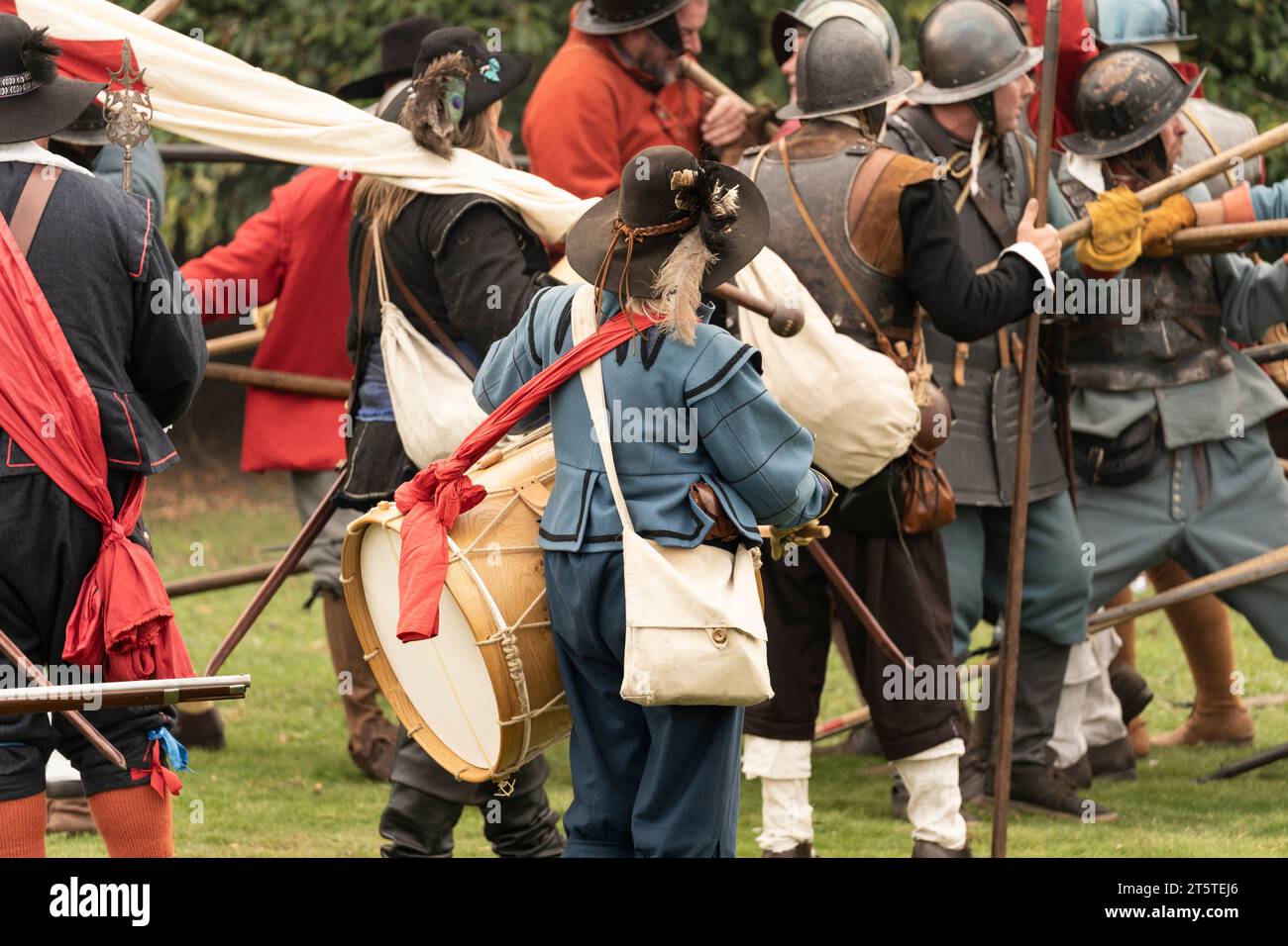 Drummer, ensign and pikemen at a reenactment of the Siege of Basing House, English civil war by the English Civil War Society 16.09.23 Stock Photo