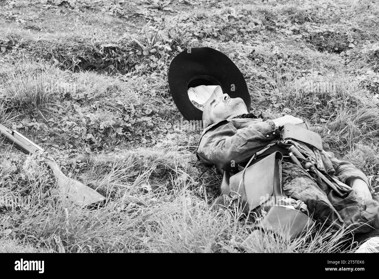 Musketeer playing dead during a reenactment of the Siege of Basing House, English civil war by the English Civil War Society 16.09.23, Basingstoke Stock Photo