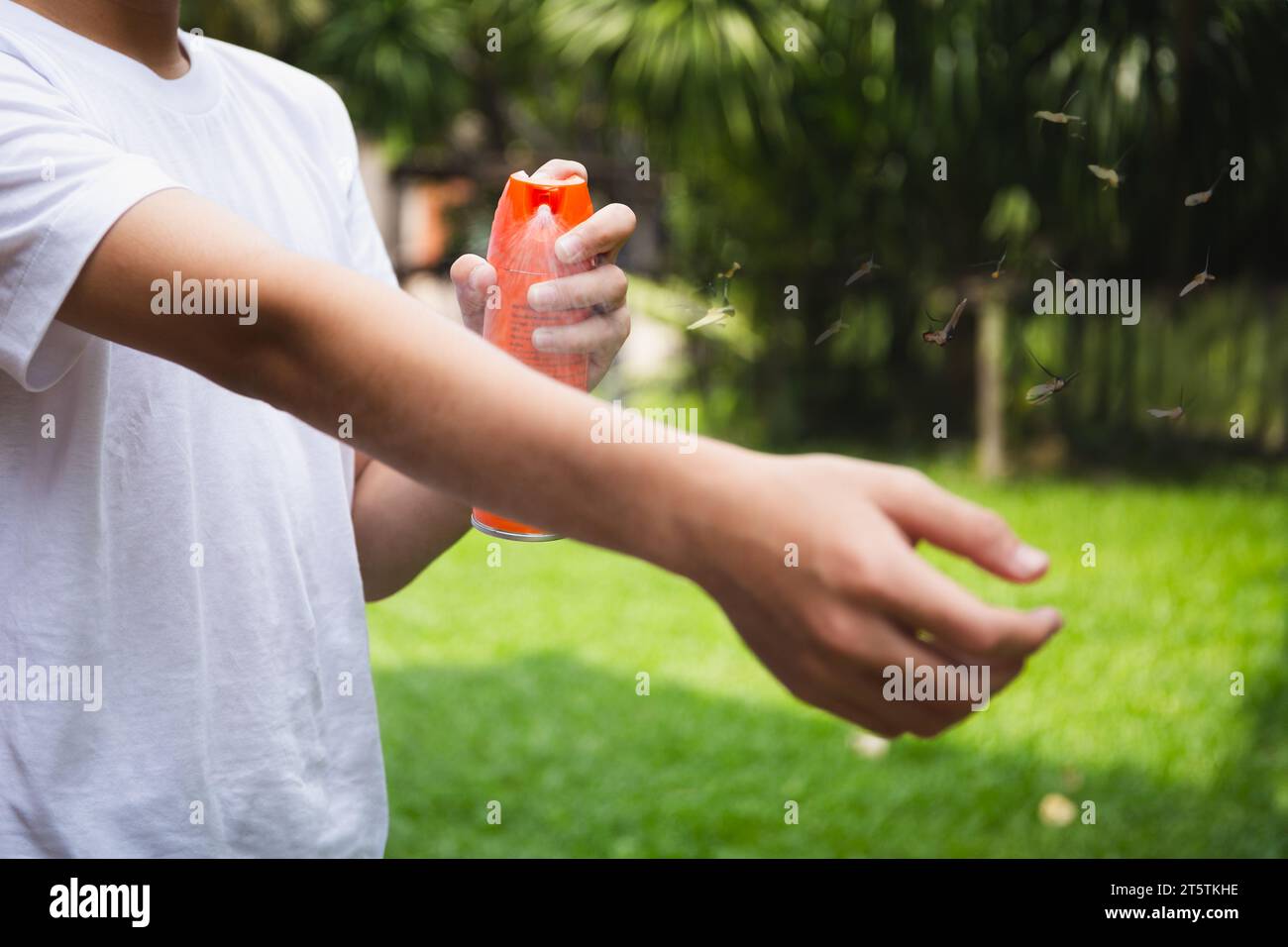Young boy spraying insect repellents on skin in the garden with