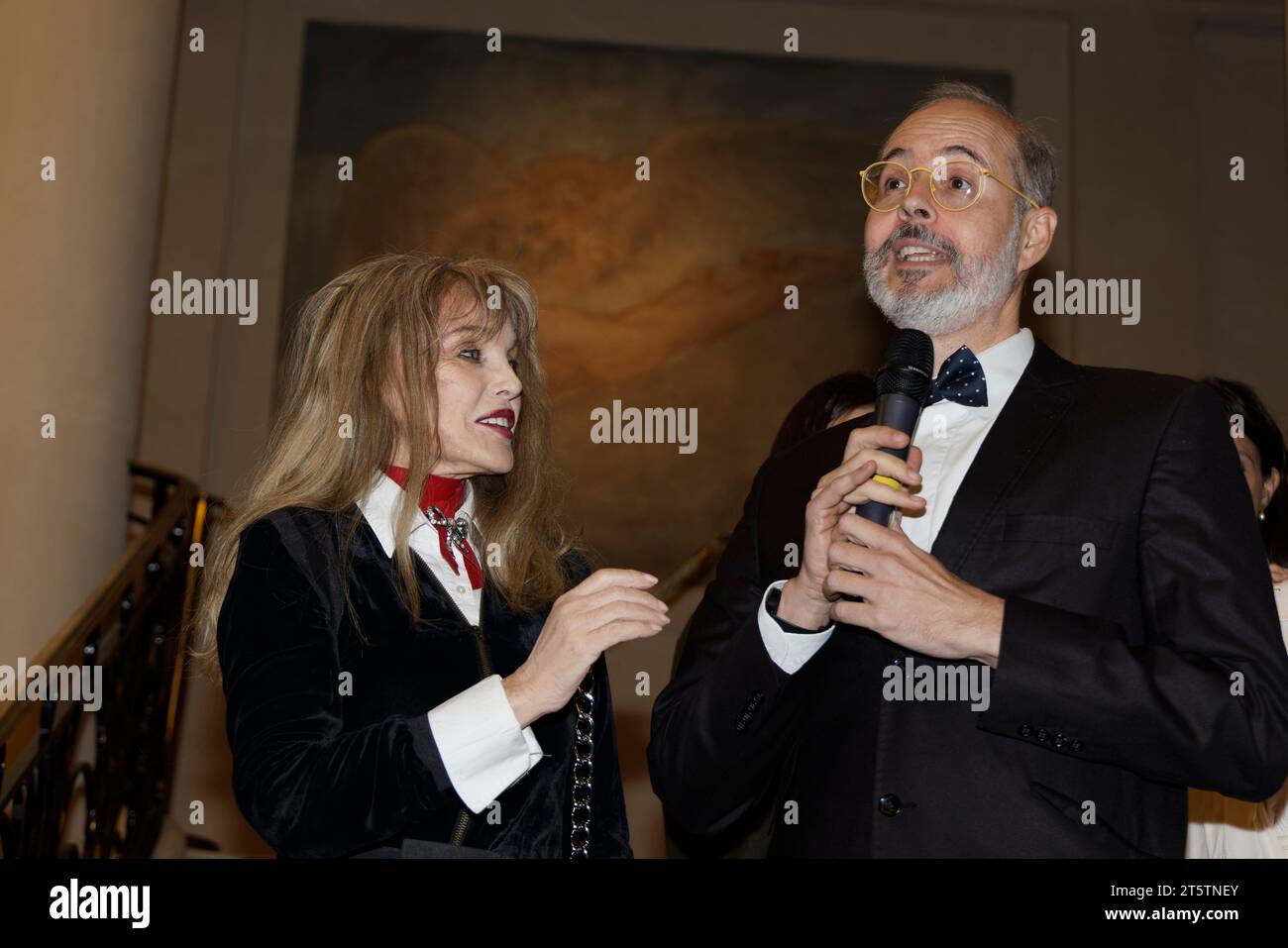 Paris, France. 6th Nov, 2023. Arielle Dombasle and tenor Jean-Philippe Biojout attend Georges Bizet 2023 literary awards for the book of Opera and dance on November 6, 2023 at the Theatre des Champs-Elysées in Paris, France. Credit: Bernard Menigault/Alamy Live News Stock Photo