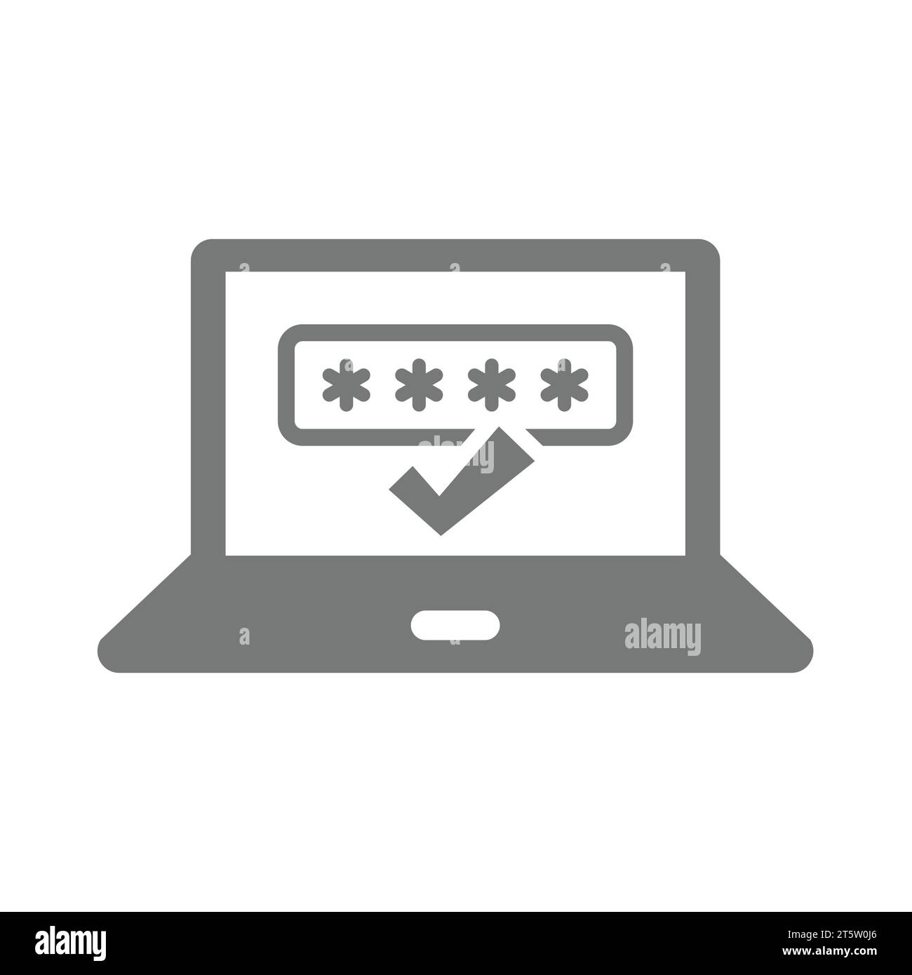 Laptop and password masked characters with checkmark icon. Secured entrance or login no computer vector. Stock Vector