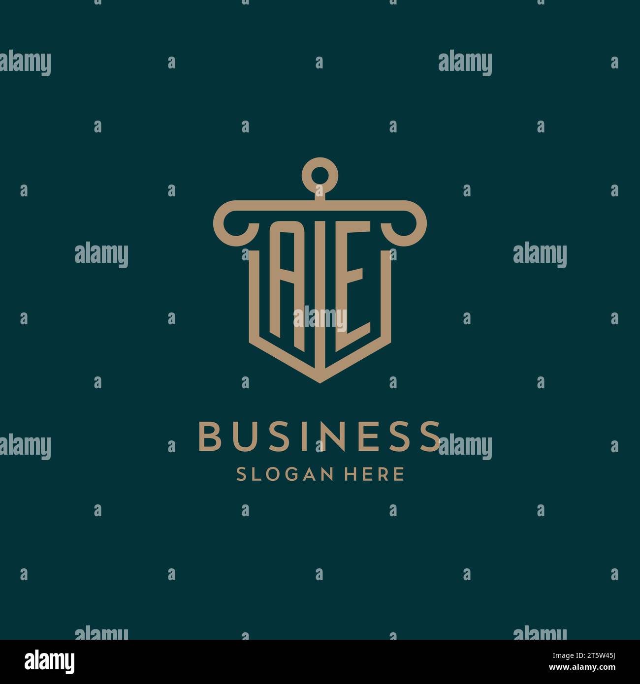 AE monogram initial logo design with shield and pillar shape design Stock Vector