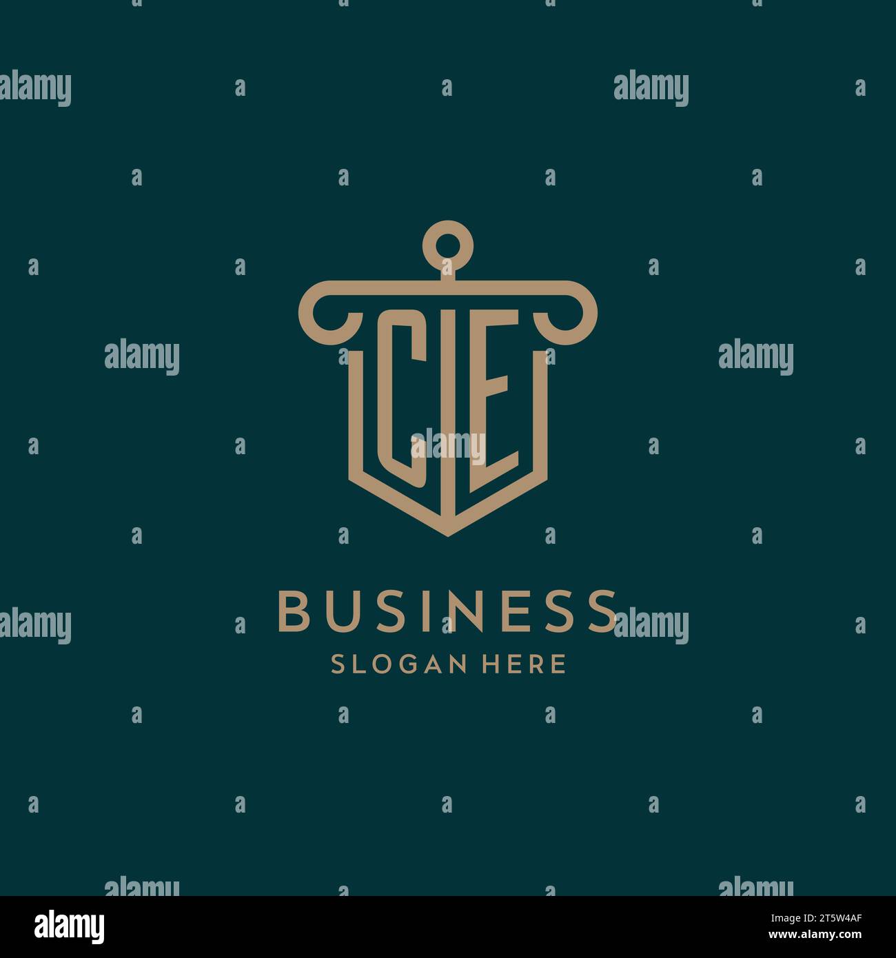 CE monogram initial logo design with shield and pillar shape design Stock Vector