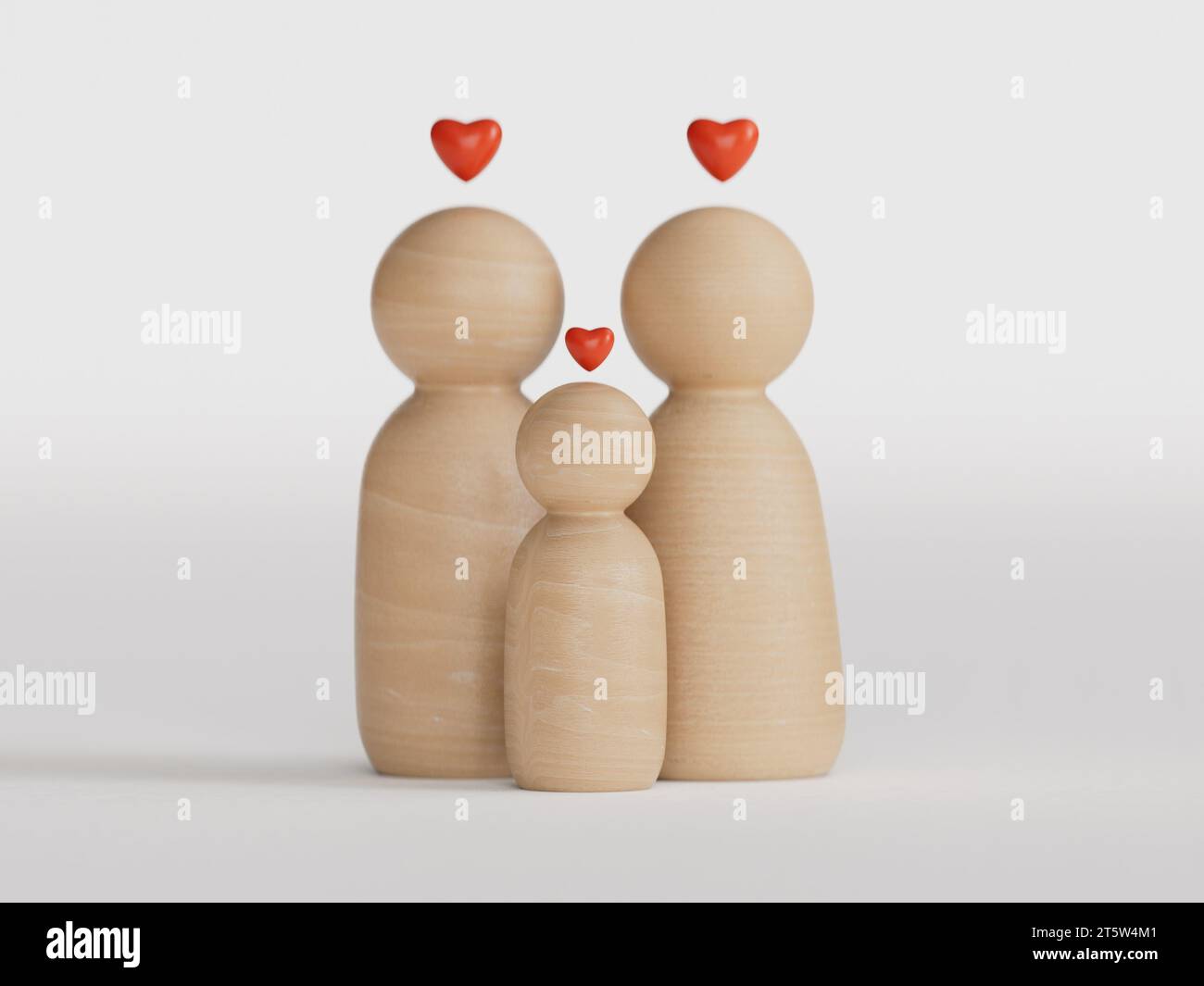 Happy family with one child and heart emotion on wooden background. Wood doll character. Togetherness relationship and lifestyle concept.3D rendering Stock Photo