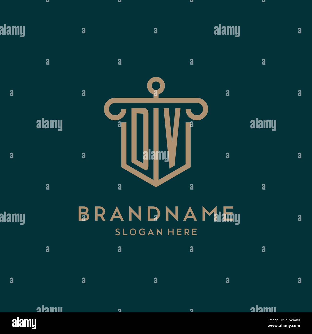 DV monogram initial logo design with shield and pillar shape design Stock Vector