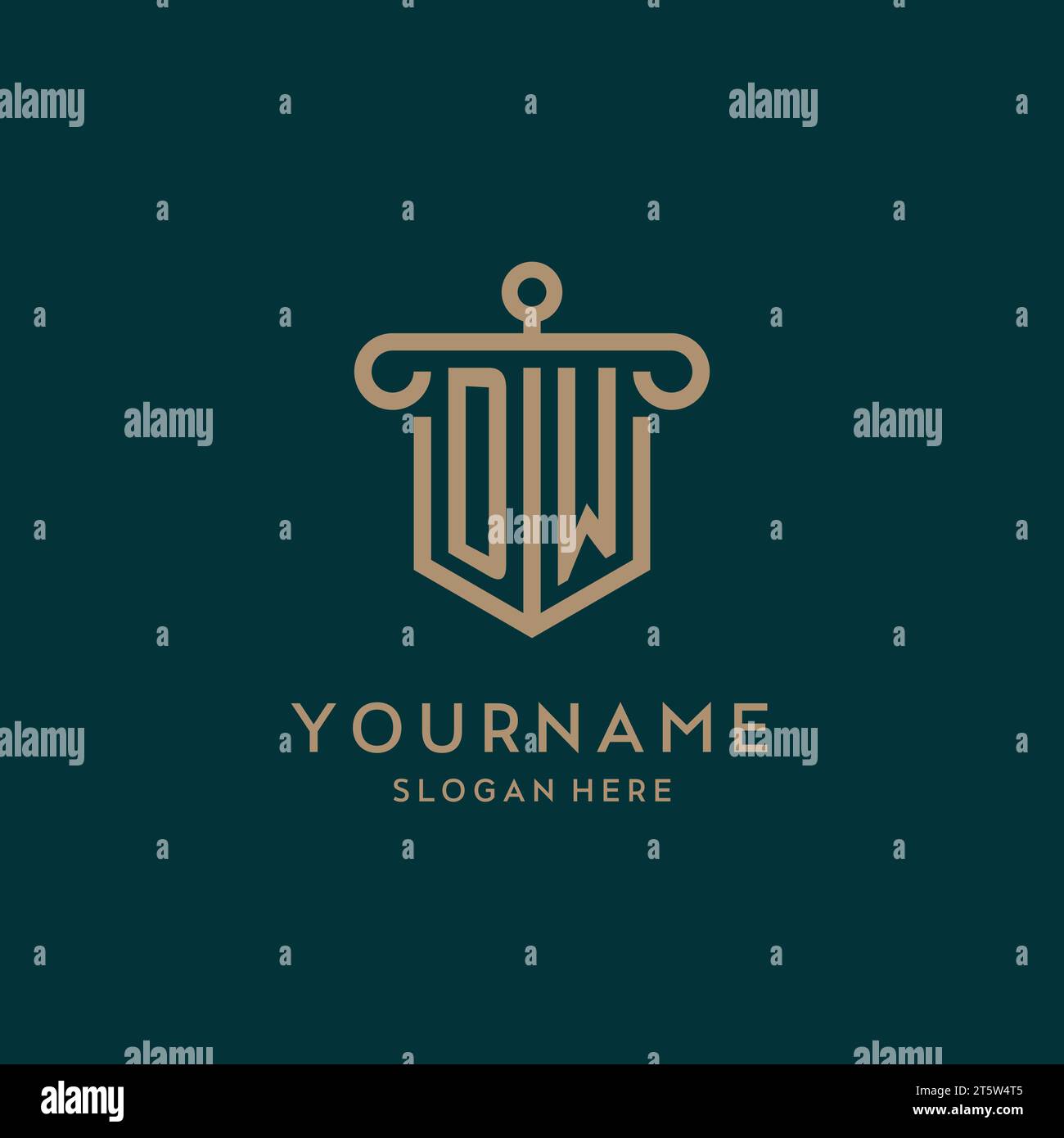 DW monogram initial logo design with shield and pillar shape design Stock Vector