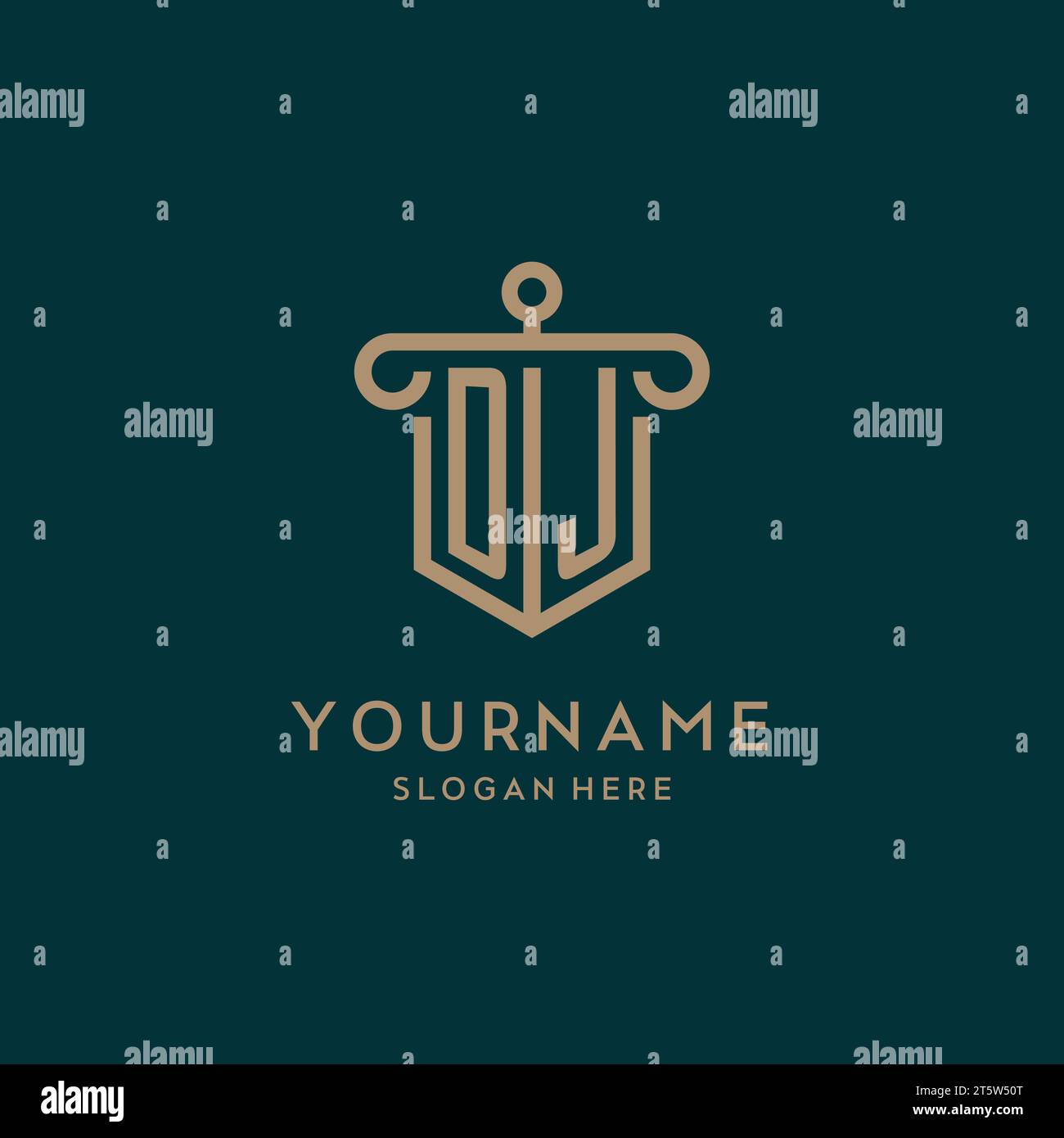 DJ monogram initial logo design with shield and pillar shape design Stock Vector