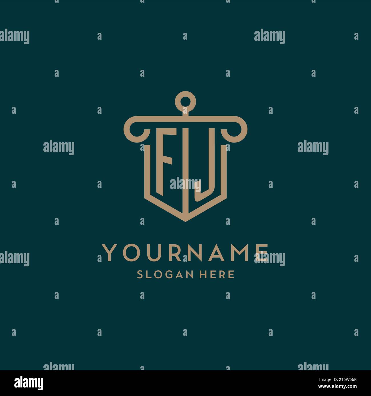FJ monogram initial logo design with shield and pillar shape design Stock Vector