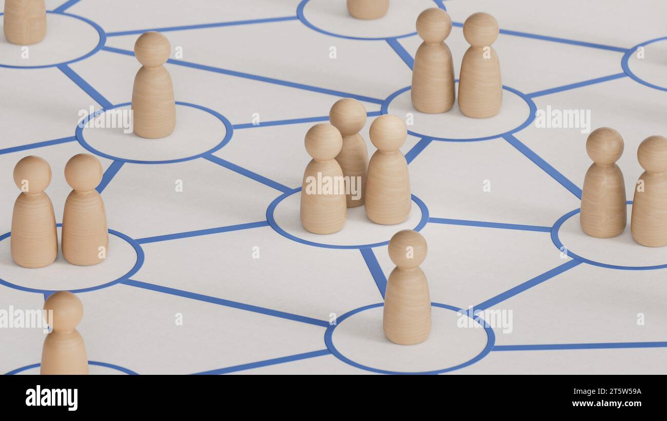 Close-up of colorful wooden pawns on interconnected circles. Concept of interrelationships.3D rendering on white background. Stock Photo