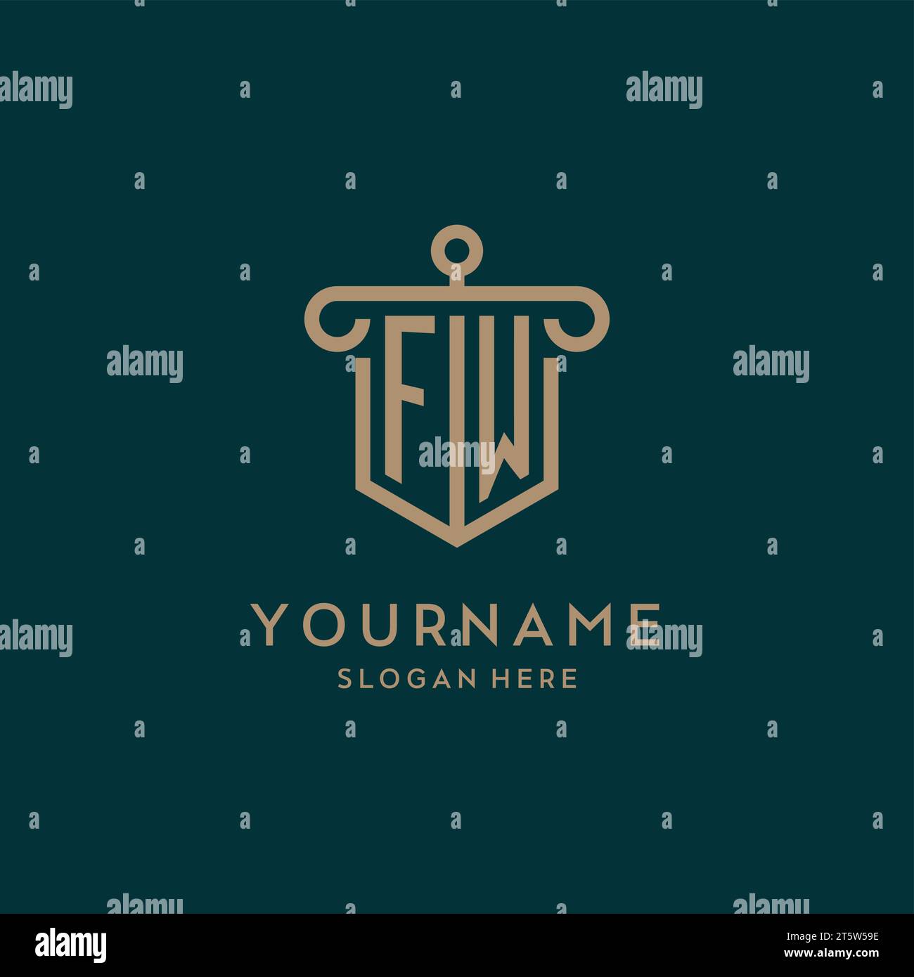 FW monogram initial logo design with shield and pillar shape design Stock Vector