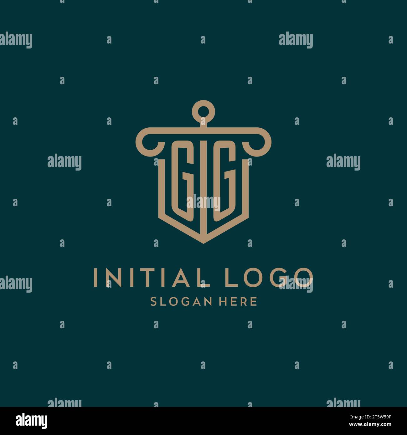 GG monogram initial logo design with shield and pillar shape design Stock Vector