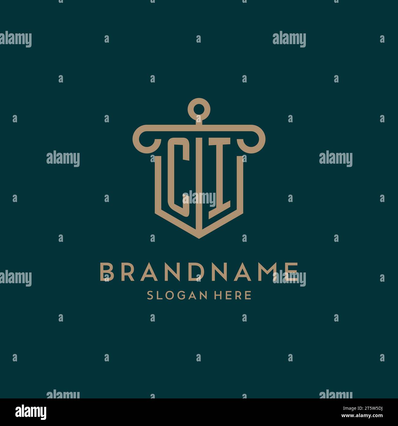 CI monogram initial logo design with shield and pillar shape design Stock Vector