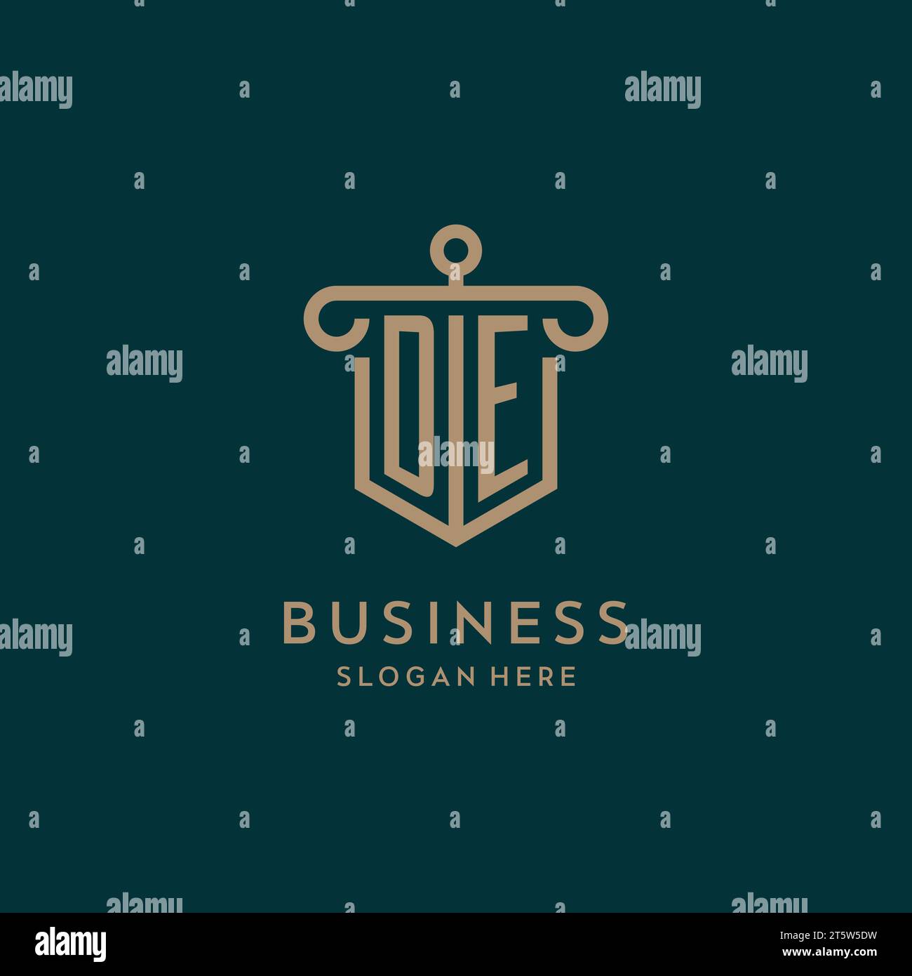 DE monogram initial logo design with shield and pillar shape design Stock Vector