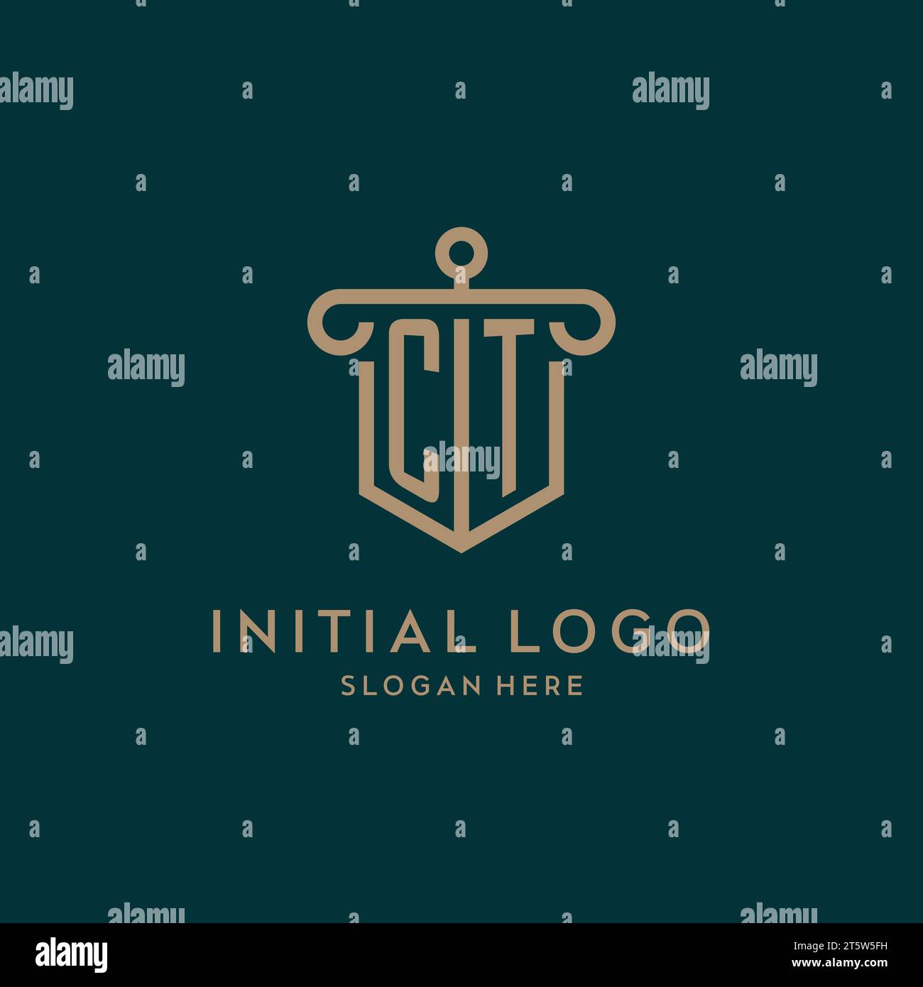 CT monogram initial logo design with shield and pillar shape design Stock Vector