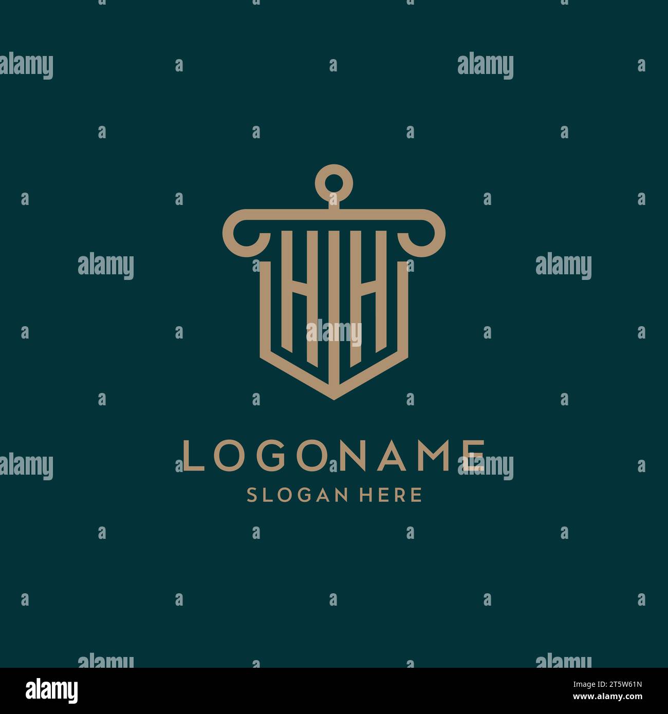 HH monogram initial logo design with shield and pillar shape design Stock Vector