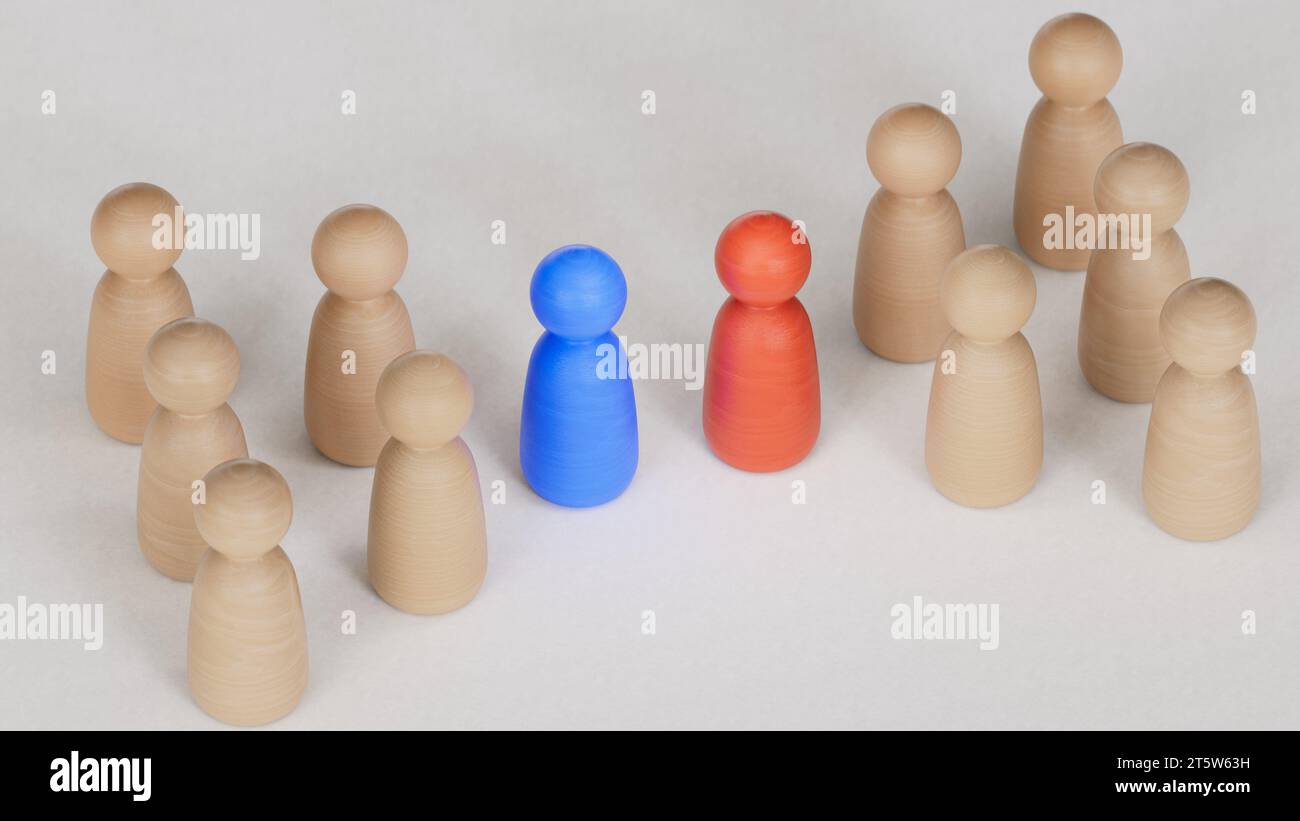 The conflict between two companies and a business, the rivalry of Leaders in blue and red leads a group of white employees to compete, Staff recruitme Stock Photo