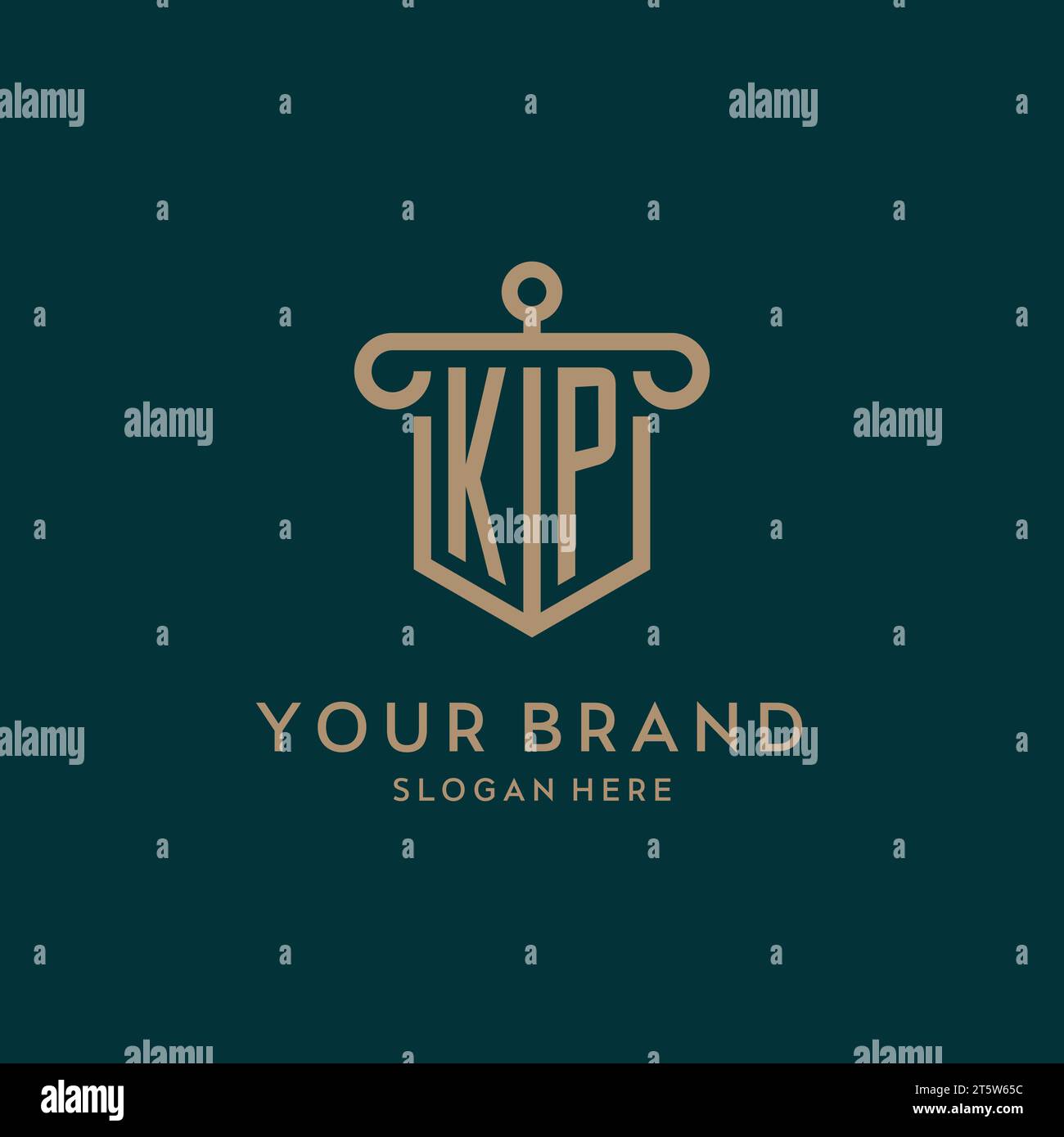 KP monogram initial logo design with shield and pillar shape design Stock Vector