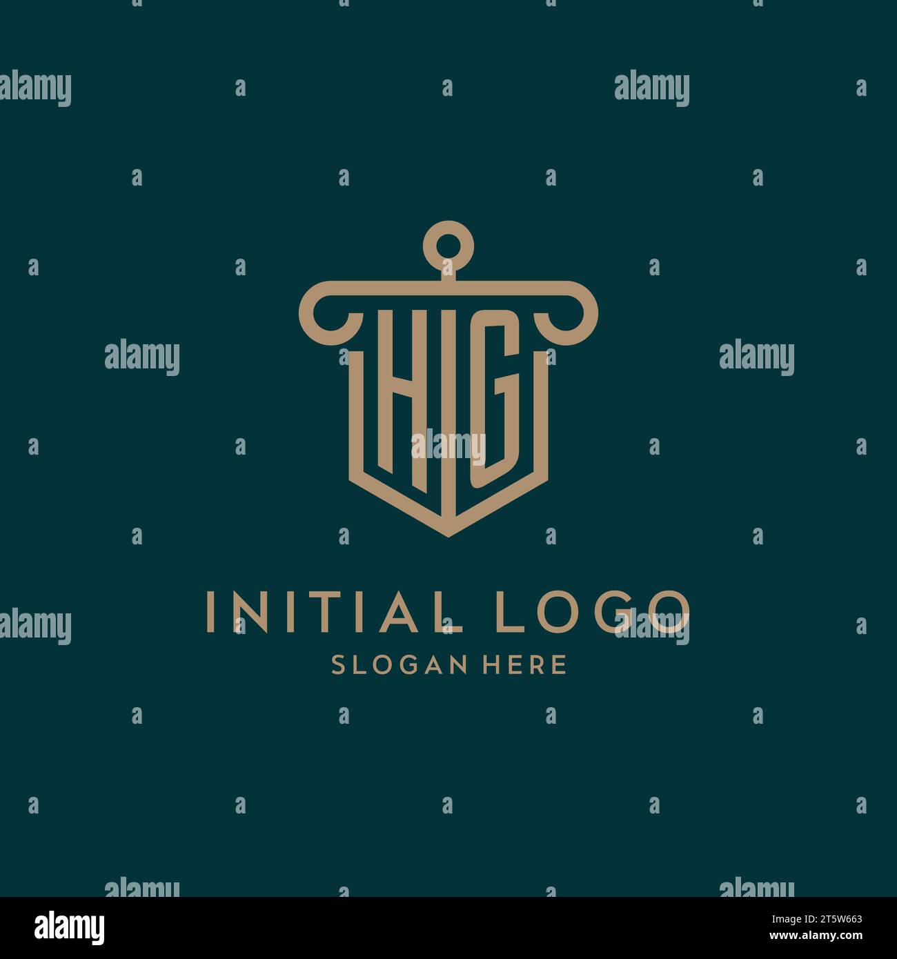 HG monogram initial logo design with shield and pillar shape design Stock Vector